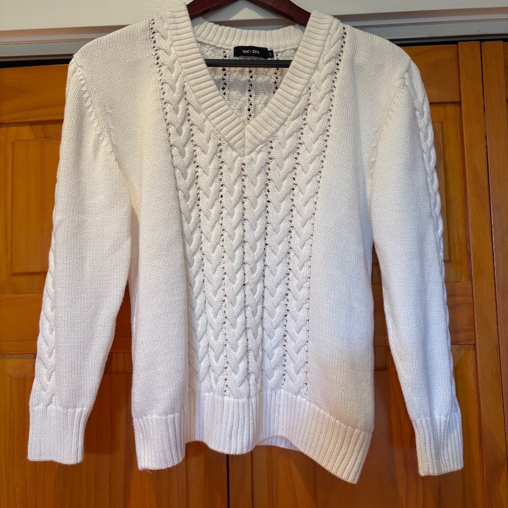 Saint + Sofia 100% Organic Cotton Cable Knit Sweater Cream Size Small, V-Neck